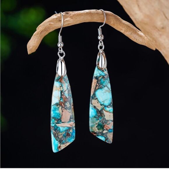 18K White Gold with Natural Imperial Blue Jasper Stone Dangling Hook Earrings - Picture 3 of 5